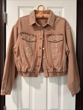 ESQUALO Rose-Tan Embroidered Cropped Denim Jacket